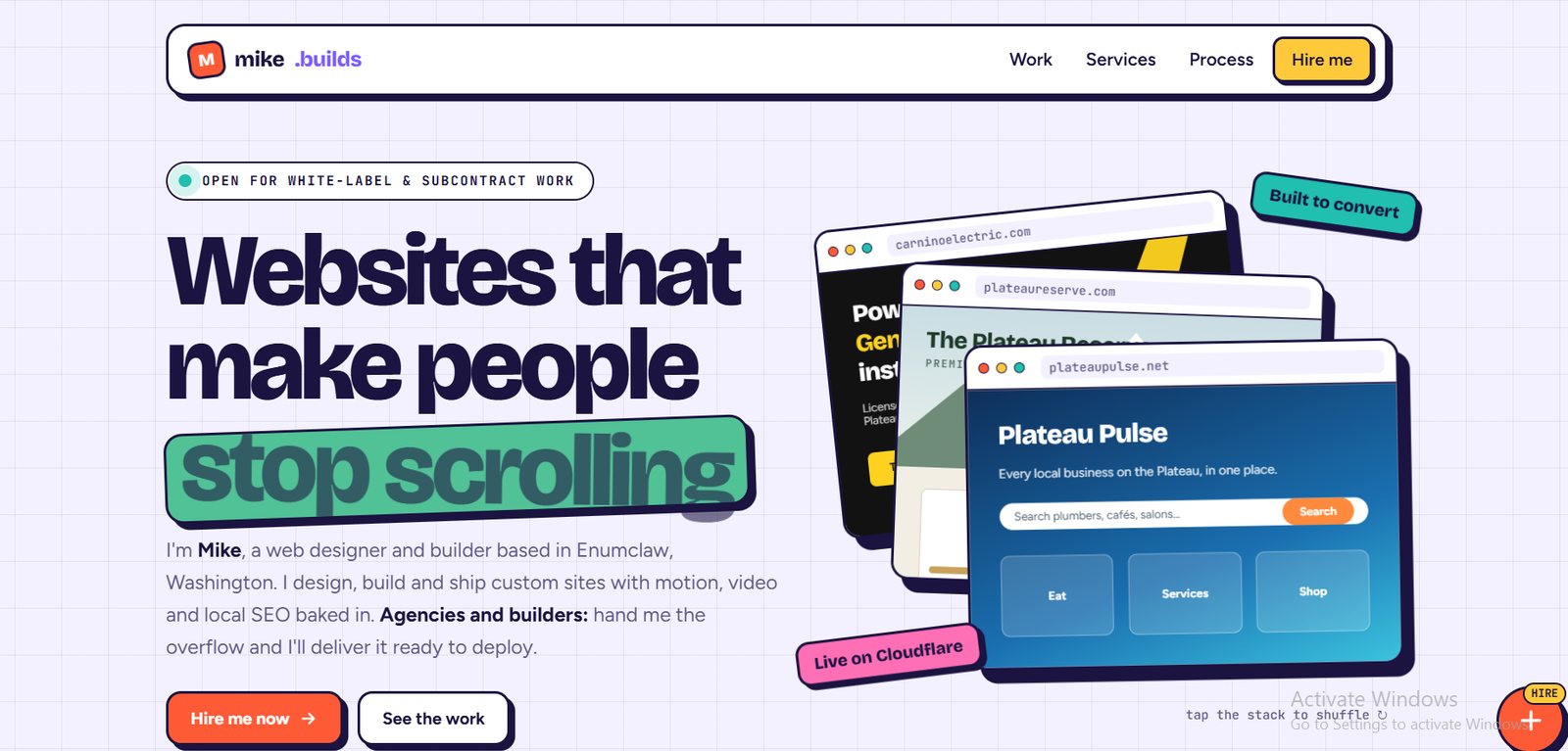 A generic website one AI prompt produced: purple grid paper, cartoon mockups and stock layout